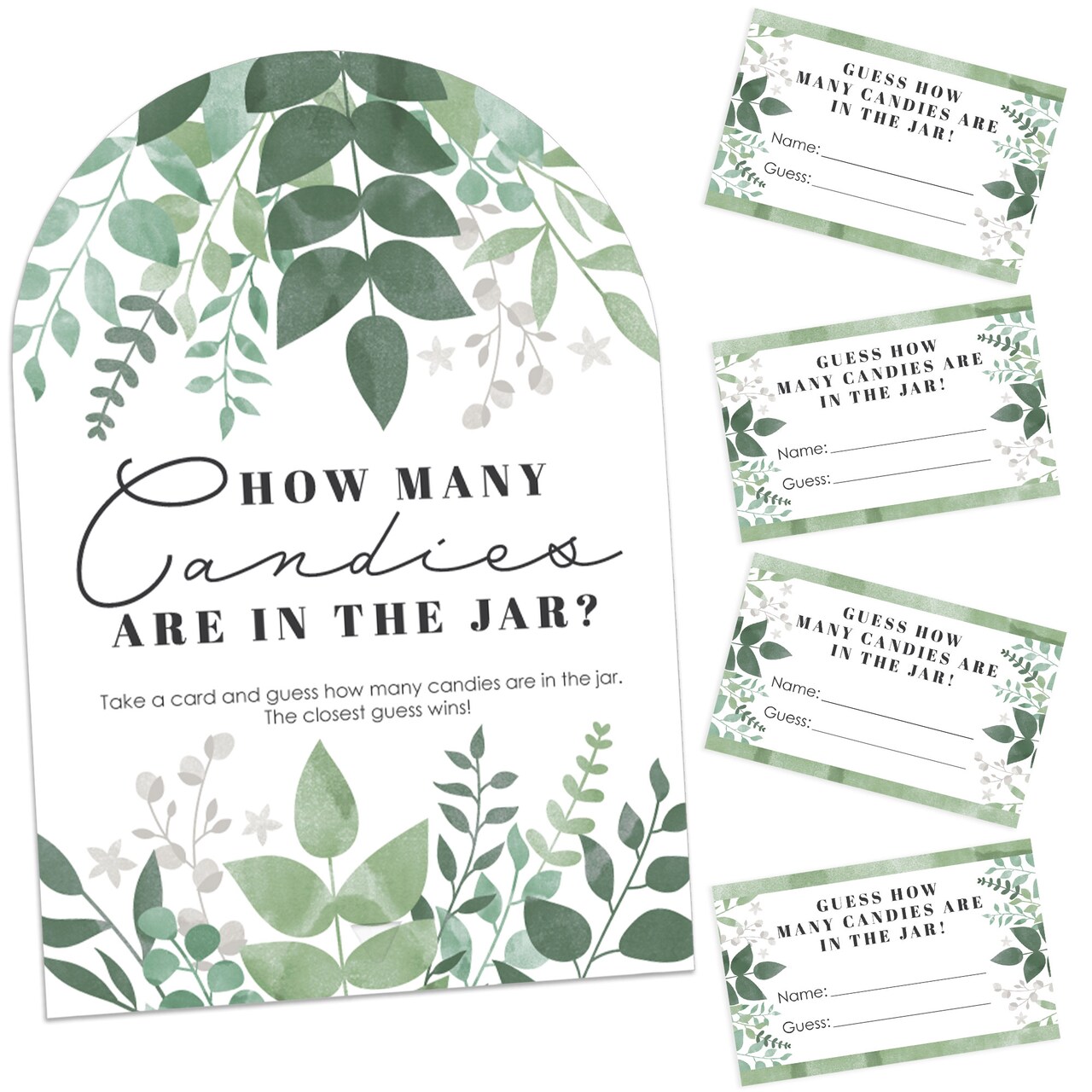 Big Dot of Happiness Boho Botanical - How Many Candies Greenery Party Game - 1 Stand and 40 Cards - Candy Guessing Game